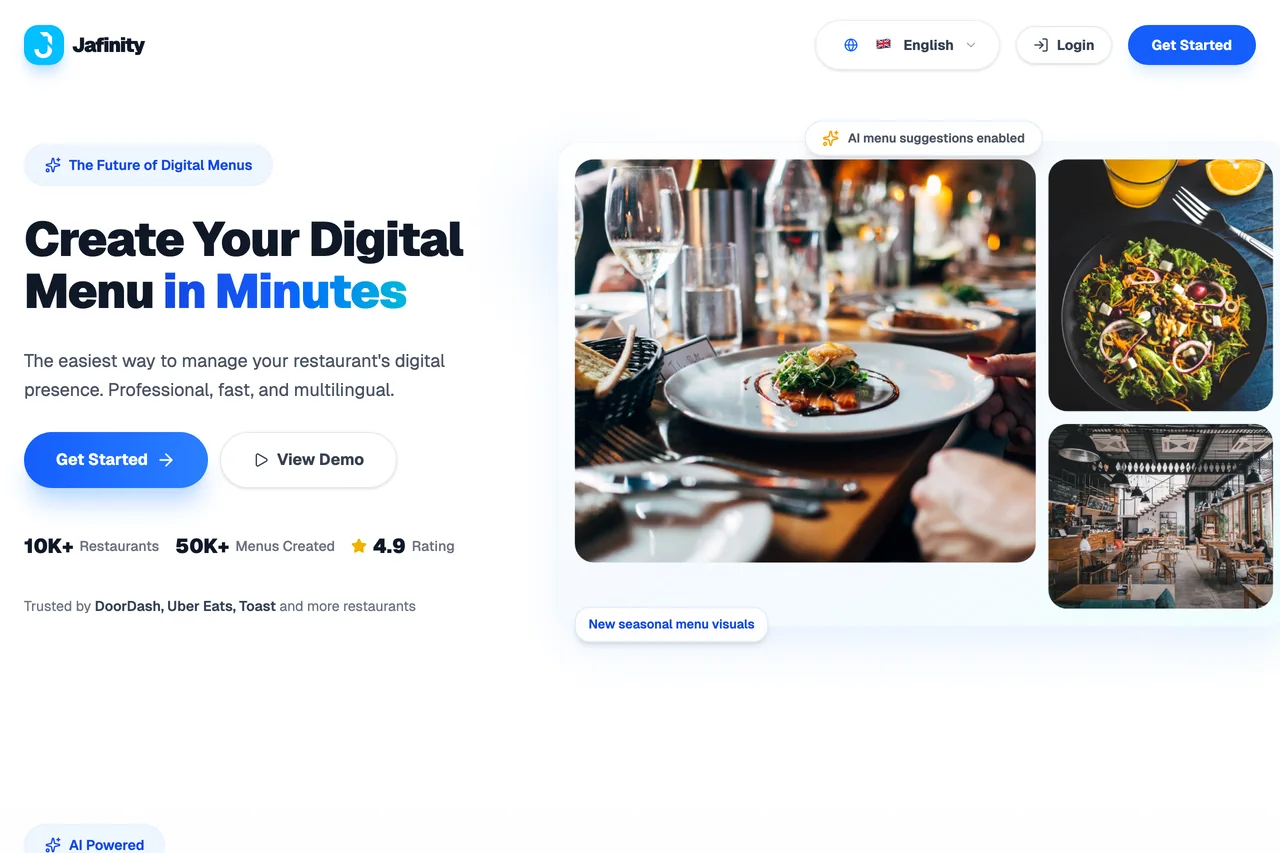 Jafinity Digital Menu — landing page of the menu builder for restaurants