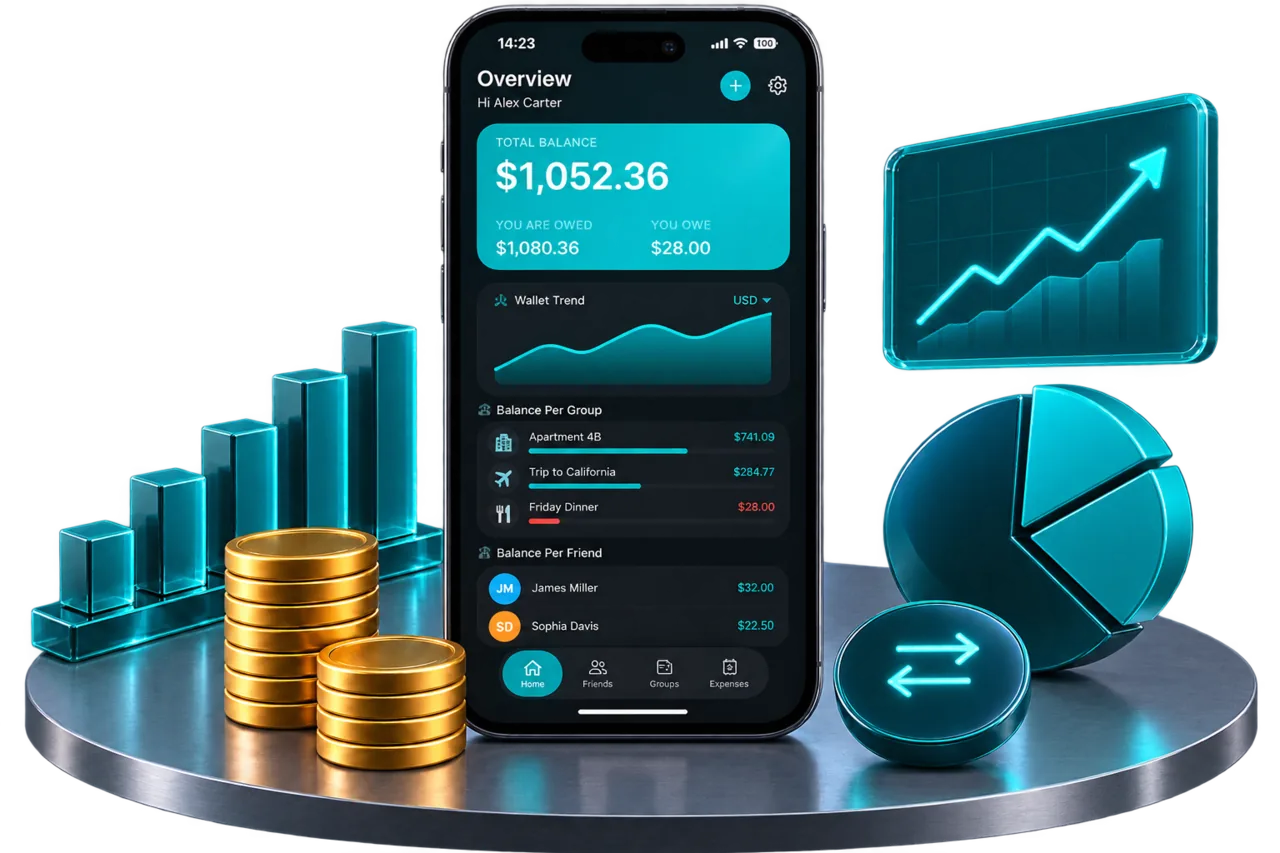 Jafinity Wallet on iPhone — total balance, wallet trend and balances per group