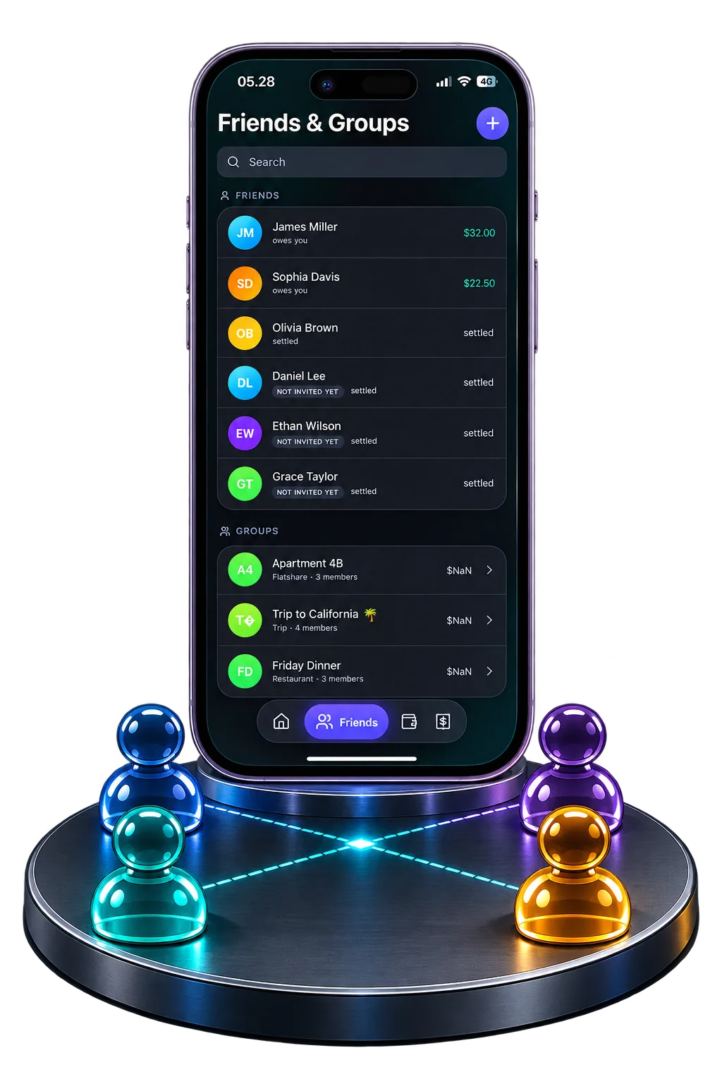 Jafinity Wallet — the Friends & Groups screen with individual friend balances and the Apartment, Trip and Dinner groups