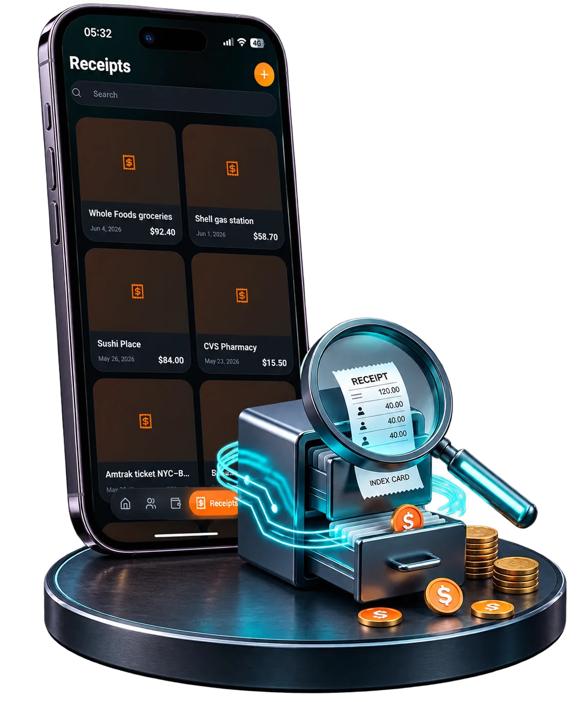 Jafinity Wallet — receipts gallery with tiles for groceries, a petrol station, a restaurant and a pharmacy with date and amount