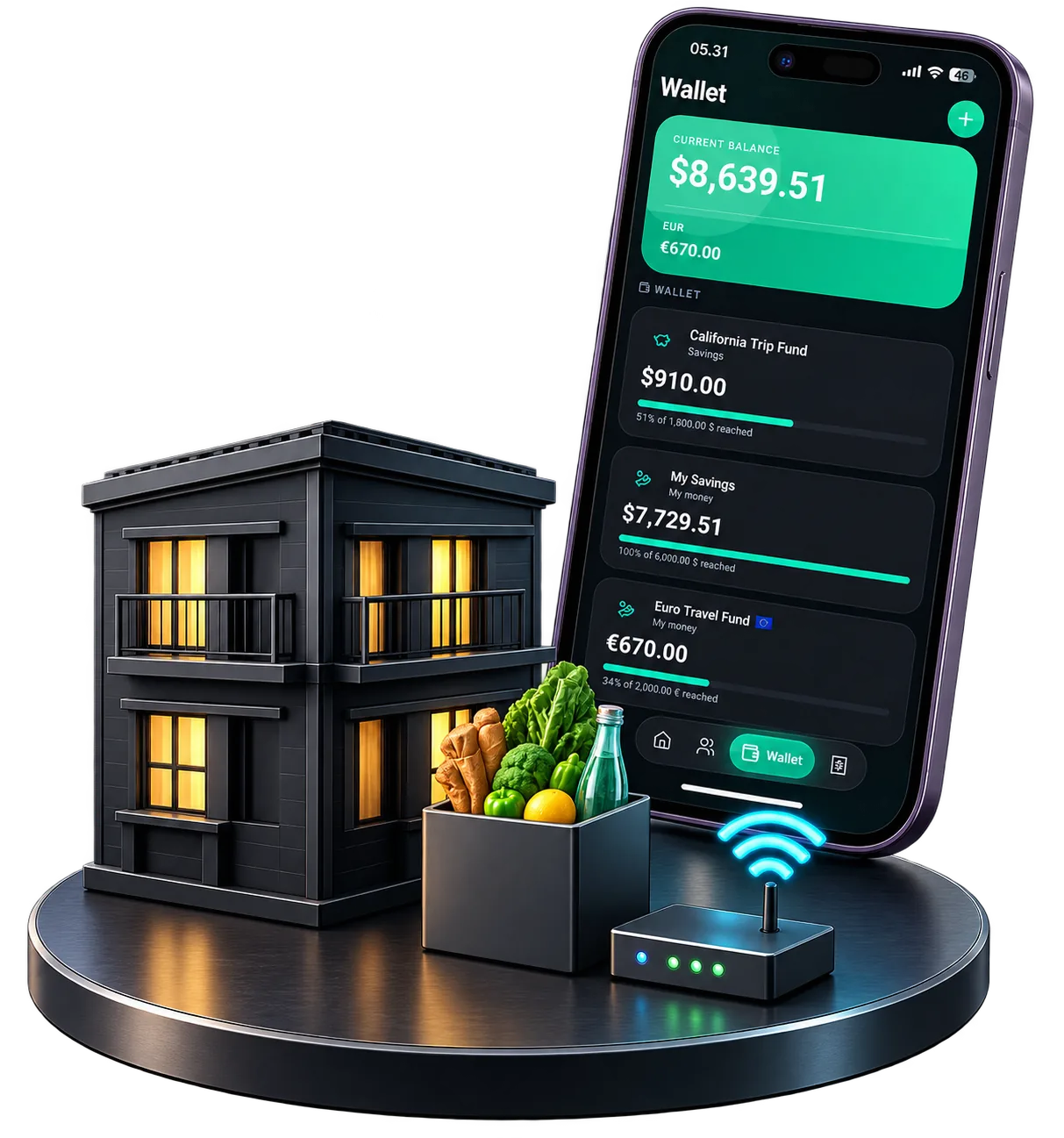 Jafinity Wallet — wallet overview with the current balance in dollars and euros plus the travel fund and savings wallets