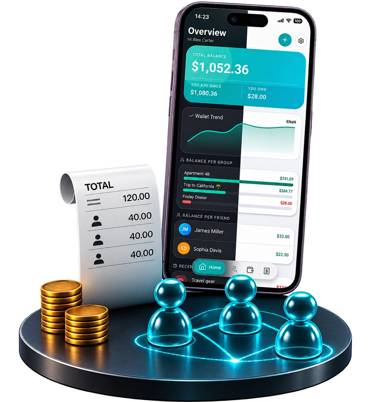 Jafinity Wallet on iPhone: total balance, wallet trend and balances per group and per friend